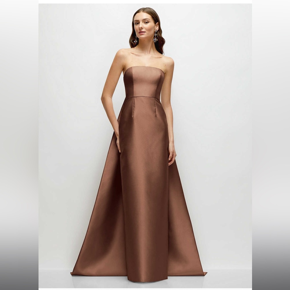 ALFRED SUNG STRAPLESS SATIN COLUMN DRESS WITH REMOVEABLE WATTEAU TRAIN IN COGNAC